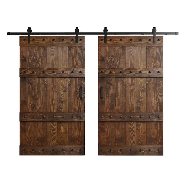 Castle Series 84 in. x 84 in. Dark Walnut DIY Knotty Wood Double Sliding Barn Door with Hardware Kit