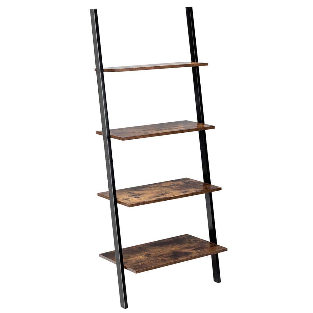 Gymax Ladder Shelf 4-Tier Leaning Wall Bookcase Rustic Brown Wood