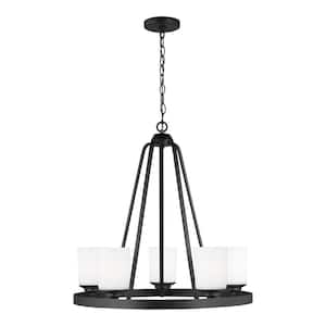 Kemal 5-Light Midnight Black Transitional Wagon Wheel Hanging Chandelier with Etched White Inside Glass Shades