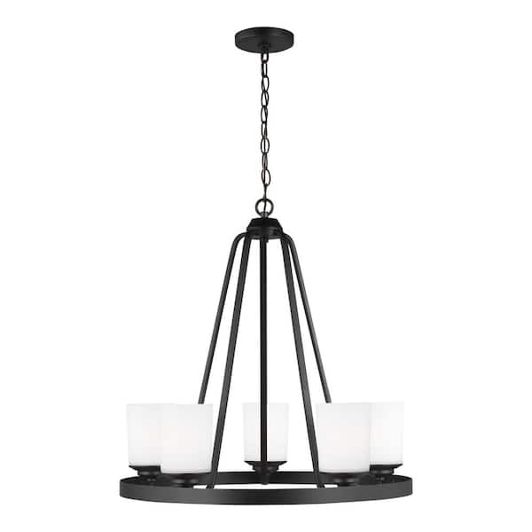 Generation Lighting Kemal 5-Light Midnight Black Transitional Wagon Wheel Hanging Chandelier with Etched White Inside Glass Shades