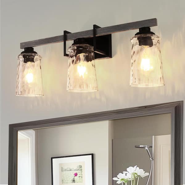 26 in. 3-Light Black Bell Clear Glass Vanity Light with Dimmable No Bulbs Included