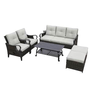 6-Piece Brown Wicker Metal Outdoor Sectional Sofa with Reclining Backrest and Ottomans with Light Gray Cushions