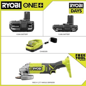 ONE+ 18V Lithium-Ion 4.0 Ah Battery, 2.0 Ah Battery, and Charger Kit with FREE ONE+ Cordless 4-1/2 in. Angle Grinder