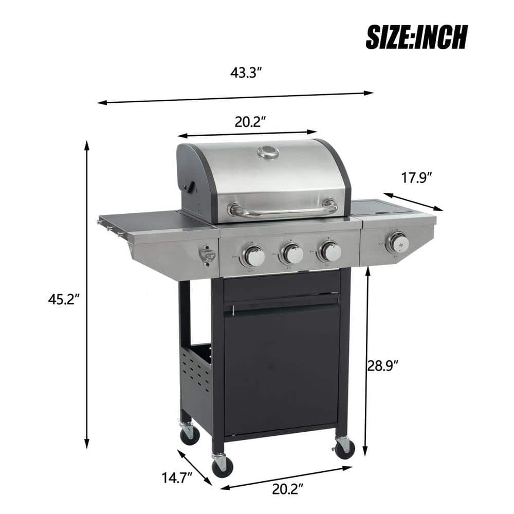 3-Burner Black and Stainless Steel Propane Gas Grill with Side Burner