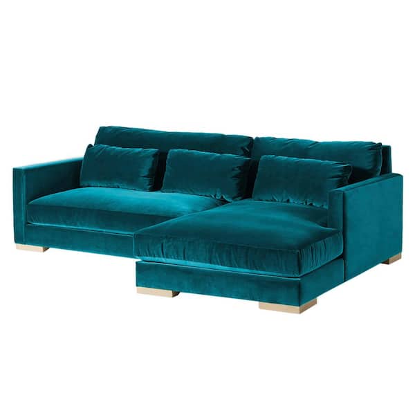 Monland 104 in. Modern Square Arm Velvet Upholstered L-Shaped Oversize Deep-Seated Chaise Convertible Sectional Sofa in Blue