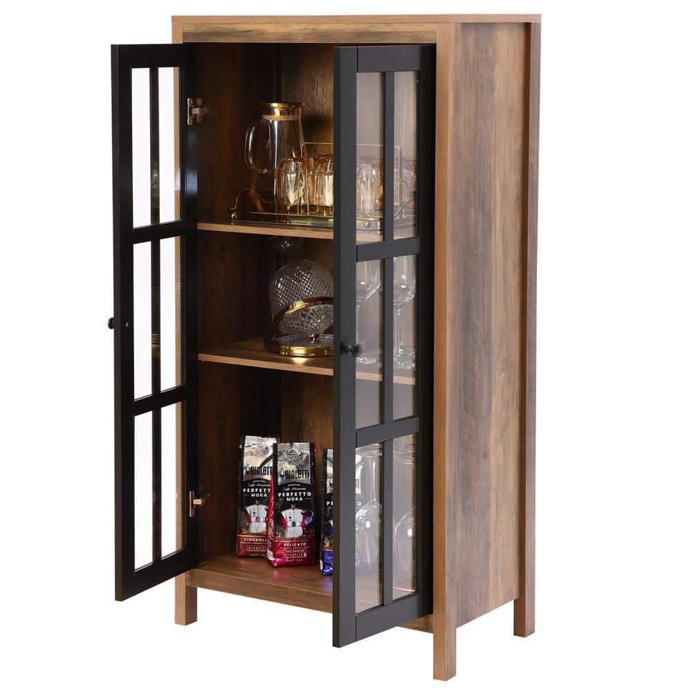 Natural Wood and Black Glass Door Curio Cabinet