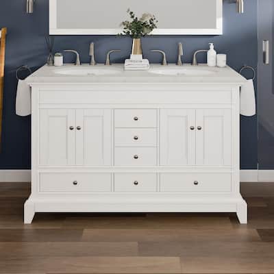 Elite Stamford 48 in. Double Sink White Bath Vanity with Double-Ogee White Carrara Quartz Top (Assembled)