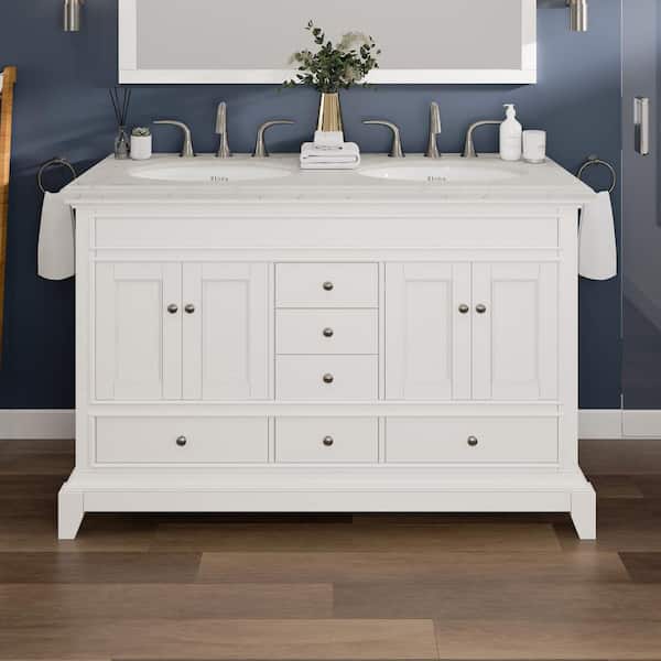 Eviva Elite Stamford 48 in. Double Sink White Bath Vanity with Double-Ogee White Carrara Quartz Top (Assembled)