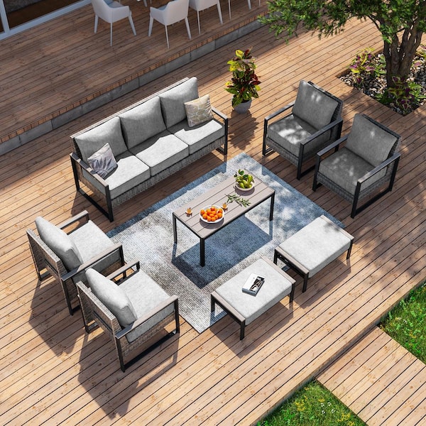 JOYESERY 8 Pieces Patio Conversation Set with Coffee Table and Ottomans Gray Wicker with Linen Grey Cushion