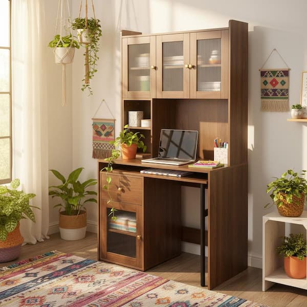 Homy Casa RAFP 39 in. Walnut Brown Office Suite with Rotating Desk