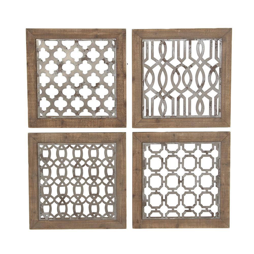 Rustic Farmhouse Iron & Wood Geometric Wall Decor Set, 19" Square