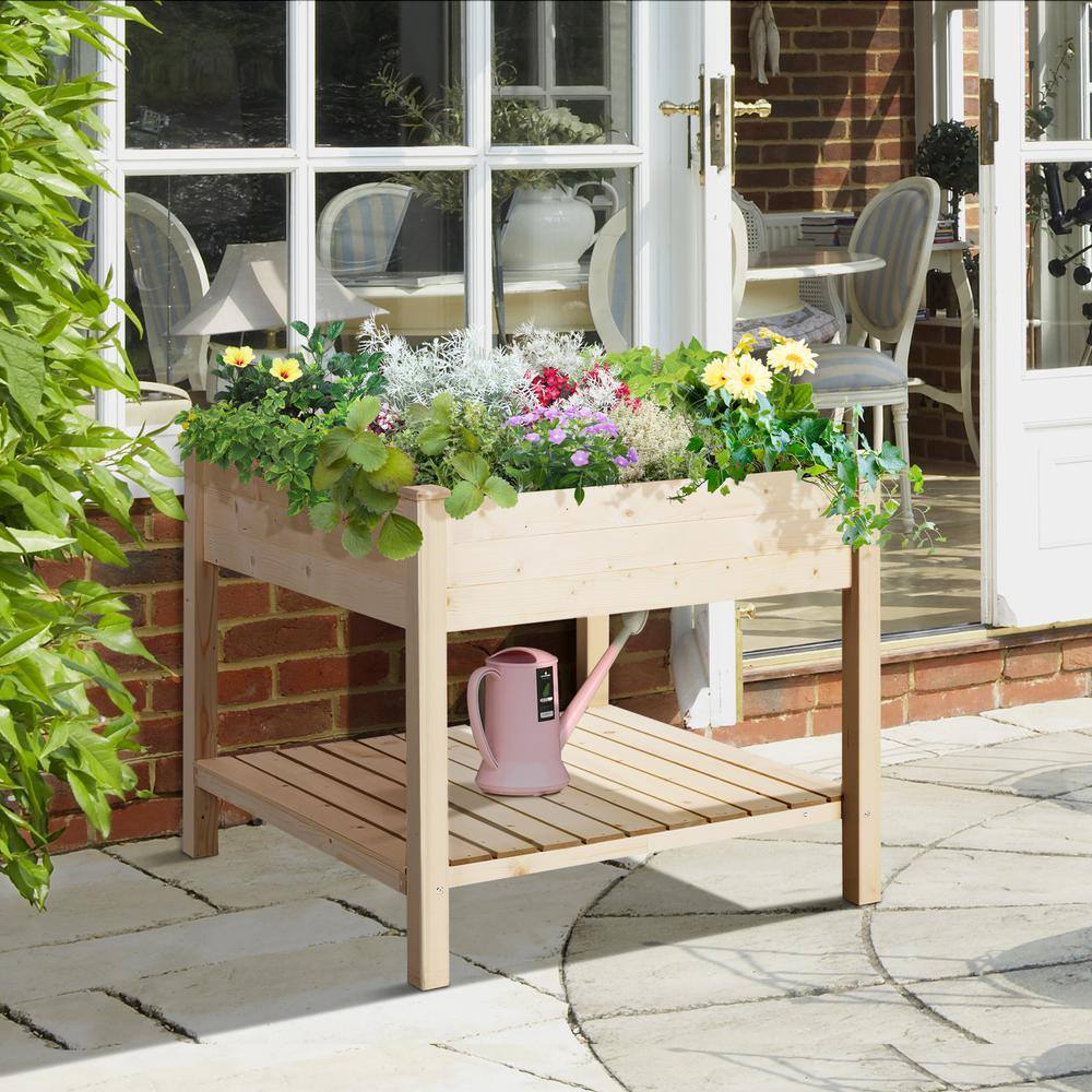 Natural Fir Wood 2-Tier Elevated Garden Bed with Storage Shelf