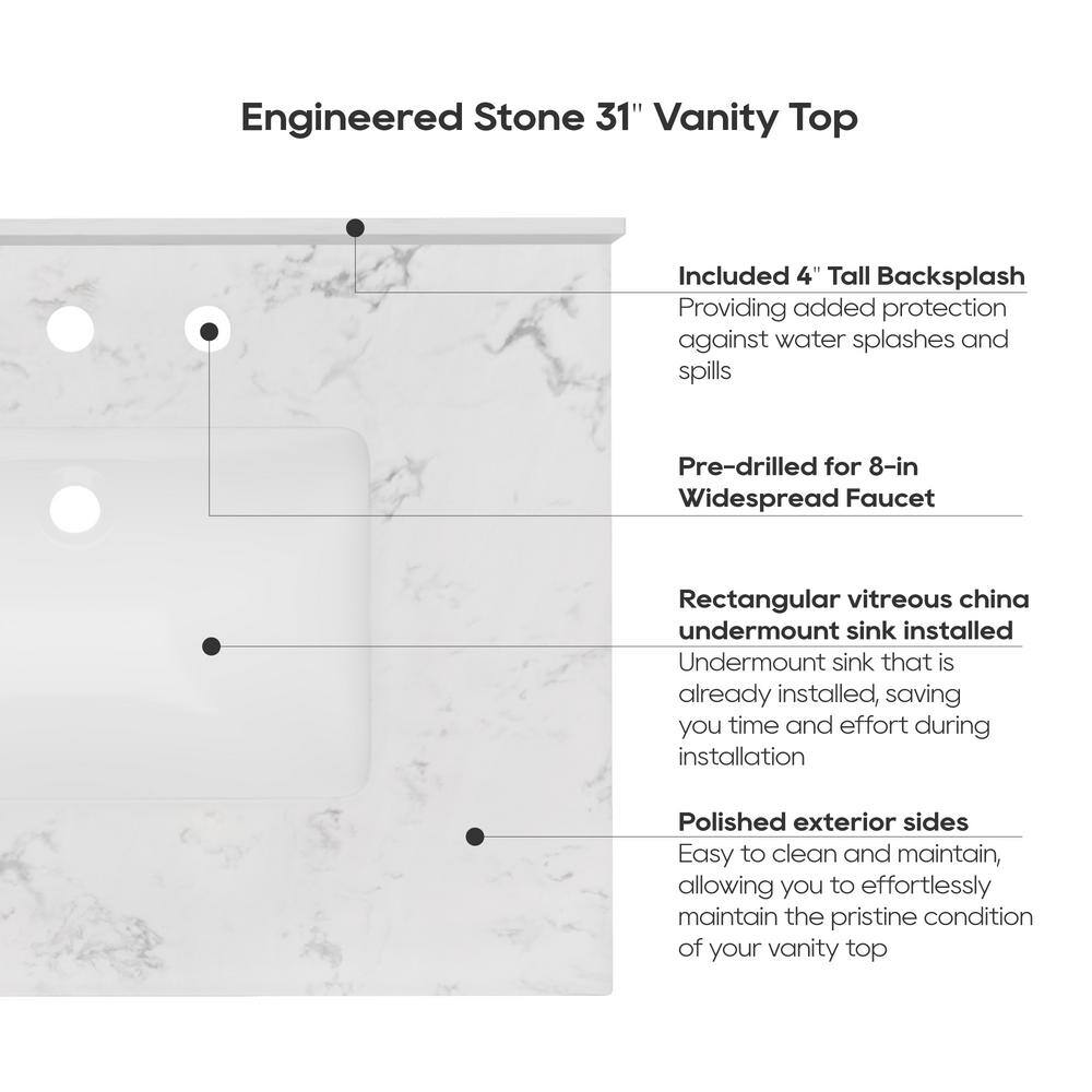 Carrara 31" White Engineered Marble Vanity Top with Undermount Sink