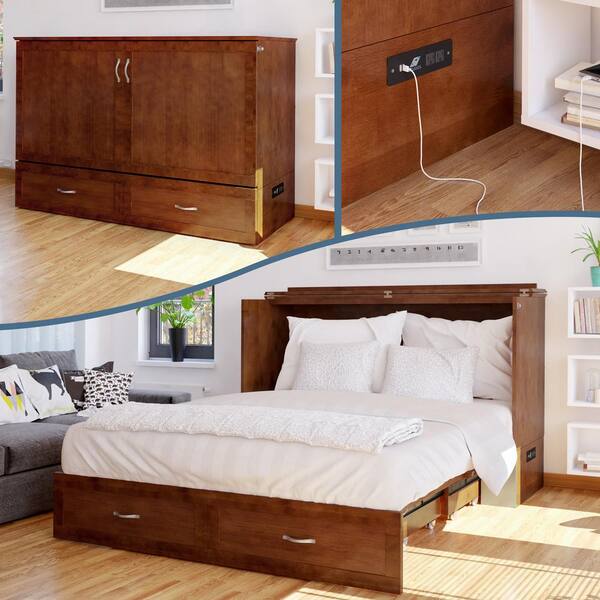 Alara Walnut Brown Solid Wood Frame Queen Murphy Bed Chest with Storage and Built-in Charger