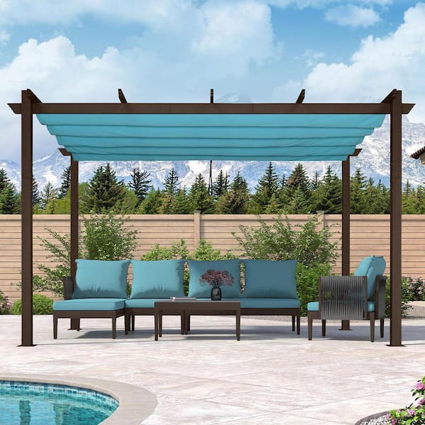 PURPLE LEAF 10 ft. W x 12 ft. D Outdoor Bronze Aluminum Pergola with Blue Adjustable Fade-Resistant Sun Shelter Canopy for Lawn