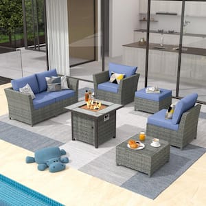 Fontainebleau Gray 7-Piece Wicker Outerdoor Patio Fire Pit Set with Denim Blue Cushions