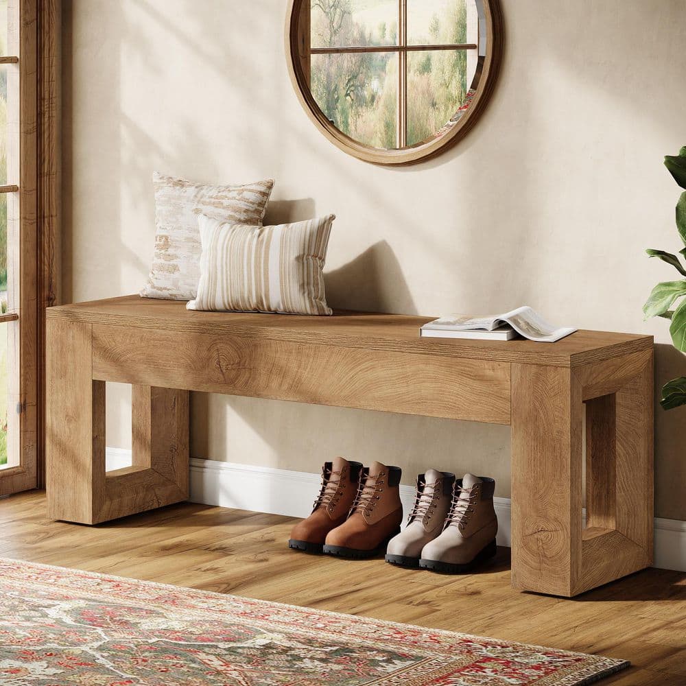 47 in. Wood Color Entryway Bench, Farmhouse Long Bench Seat for Dining Room, Living Room