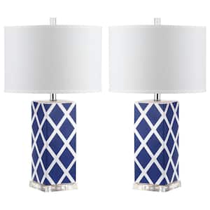 Garden 27 in. Navy Lattice Ceramic Table Lamp with White Shade (Set of 2)