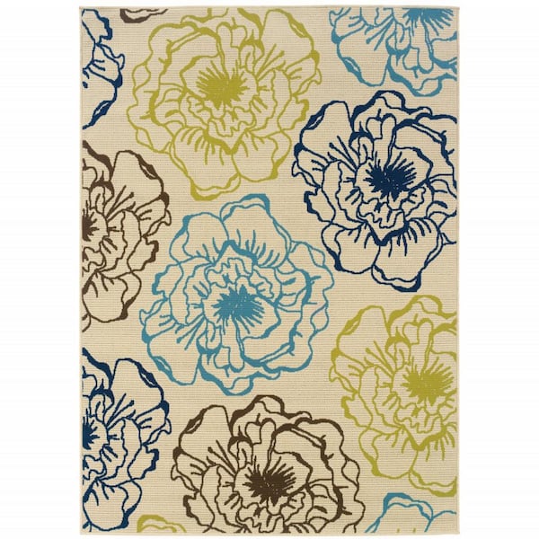 8' X 11' Ivory And Blue Floral Indoor Outdoor Area Rug 8' X 11' Ivory And Blue Floral Indoor Outdoor Area Rug