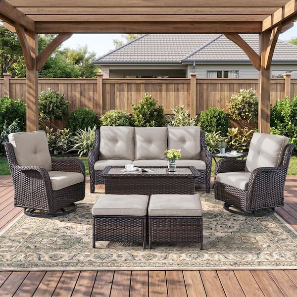 Brown 7-Piece Wicker Patio Conversation Set with Swivel Rockers, Outdoor Sofa Seating Set with Olefin Beige Cushions