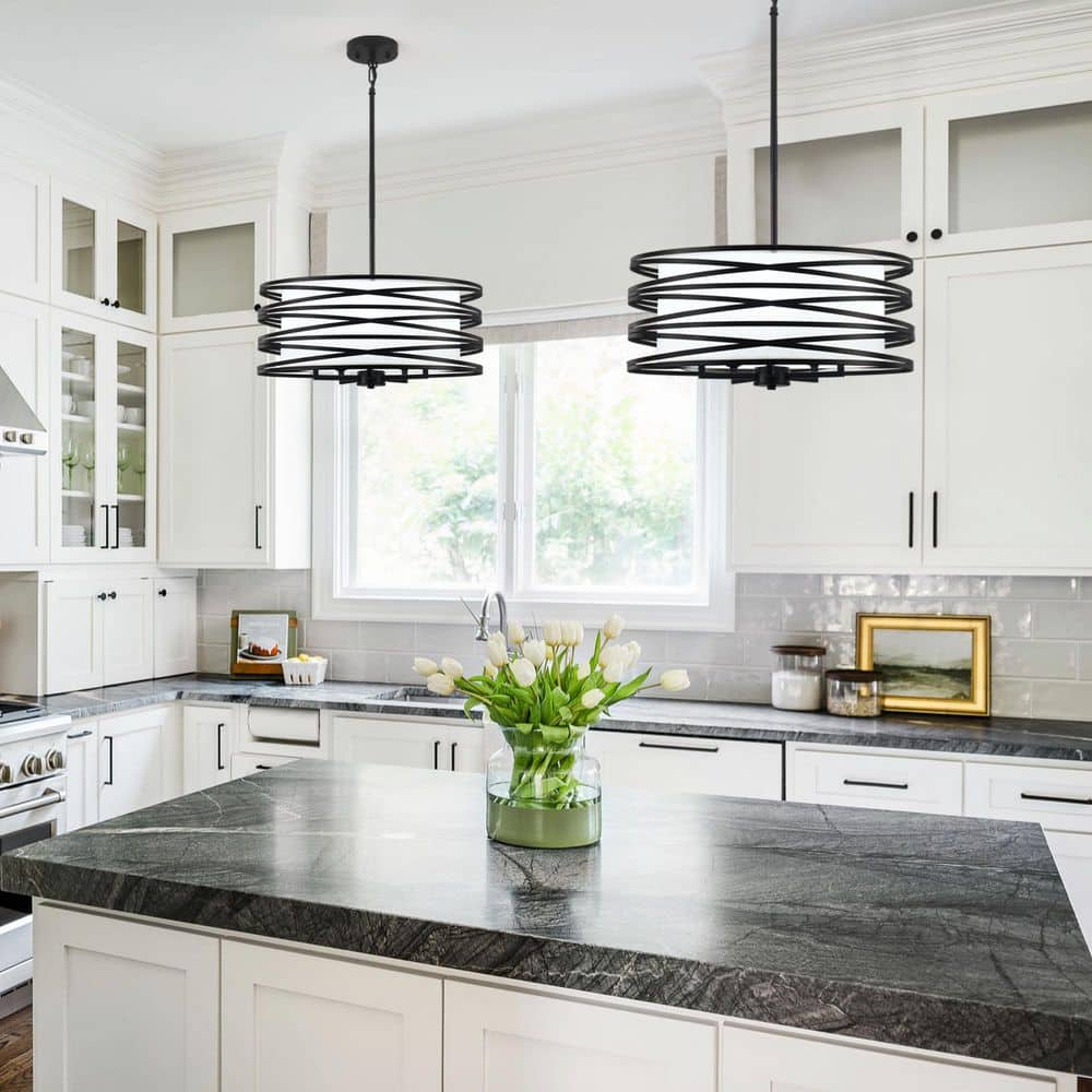 "5 light 18.9"" Dimmable Black Farmhouse Modern Drum Chandelier With Linen Shade for Dining Room with no bulbs included" price history on PriceWatchPro