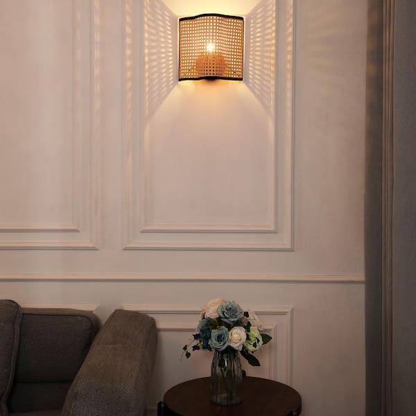 Mid Century Bohemian 1-Light Beige Tan Wall Sconce with PVC Rattan and Velvet Shade