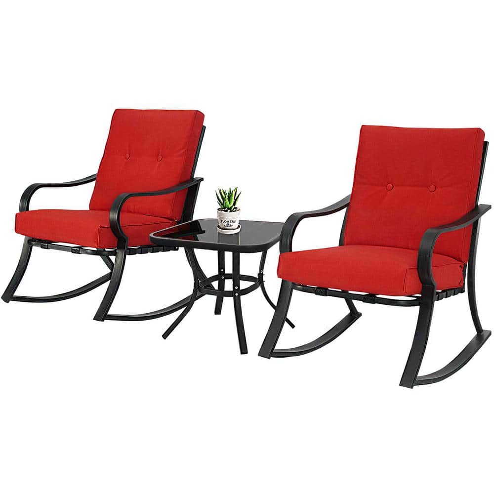 3-Pieces Wicker Outdoor Rocking Chair Bistro Conversation Set with Red Cush
