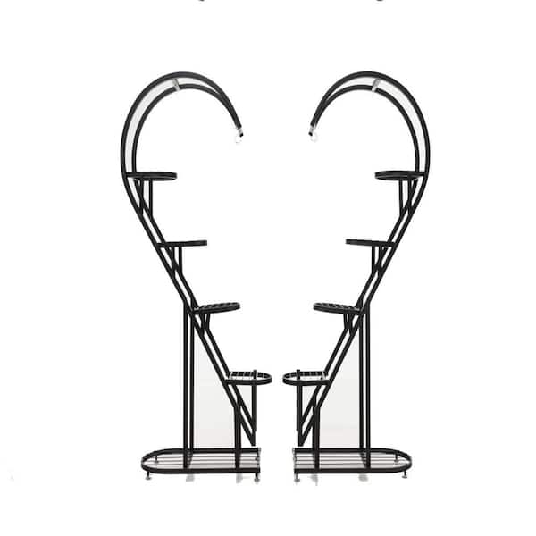 58in. H x27 in. W x 12 in. D Indoor Black 5-Tier Metal Plant Stand, Heart-shaped Plant Shelf Tiered with 4 Hanging Hooks