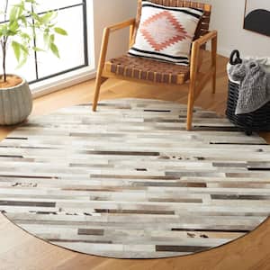 Studio Leather Gray Ivory 6 ft. x 6 ft. Striped Abstract Round Area Rug