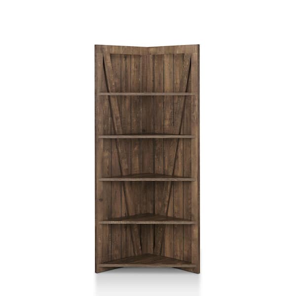 Furniture of America Helsa Reclaimed Oak 5-Shelf Corner Display Bookcase
