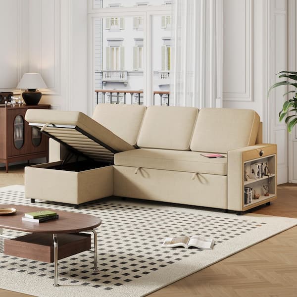 Beige 85.8 in. L-Shaped Polyester Convertible Pull-Out Sleeper Sofa Bed with Storage Chaise, Racks and Charging Ports