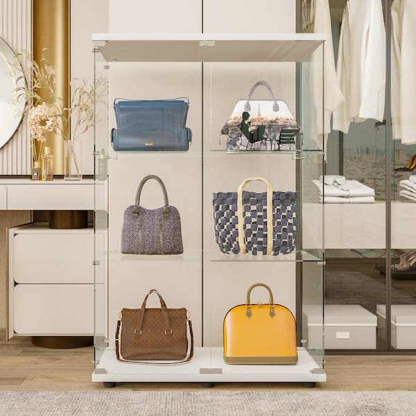 IDEAGLE 49.49 in. White 3-Shelves Glass Display Storage Cabinet with 2-Doors, Floor Standing Clear Glass Curio Bookshelf