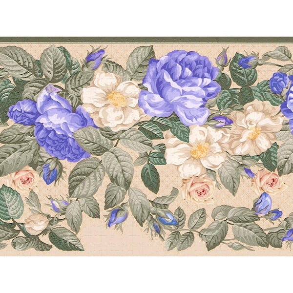 Dundee Deco Falkirk Dandy II Violet Green Flowers and Leaves Floral Peel and Stick Wallpaper Border