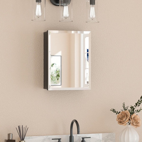 14 in. W x 18 in. H Rectangular Beveled Frameless Metal Black Surface Mount/Recessed Medicine Cabinet with Mirror