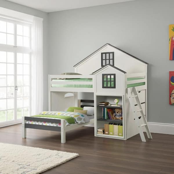 Robin White and Gray Twin Size Wood Loft Bed with House Design and Built In Bookshelf