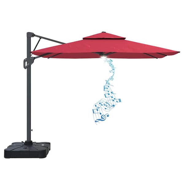 Clihome 10 x 10 ft. Outdoor Pneumatic Lever Cantilever Umbrella Patio Umbrella in Red w/Bluetooth Speaker, Lighting (With Base)