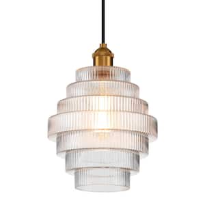 1-Light Antique Bronze Statement Pendant Light with Stripped Glass Shade