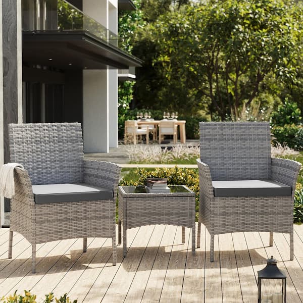 3-Piece Outdoor Rattan Seating Group with Cushions, Patio Bistro Set with Table-Ideal for Garden (Set of 2)