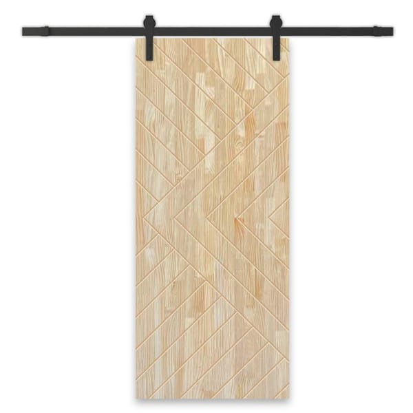 CALHOME Chevron Arrow 44 in. x 96 in. Fully Assembled Natural Wood Unfinished Modern Sliding Barn Door with Hardware Kit