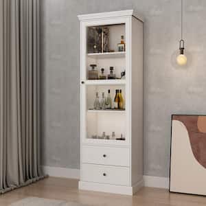 White Wood Wine Cabinet Bar Kitchen Food Pantry With 4-Tier Adjustable Shelves and 2-Drawers Door Cabinet