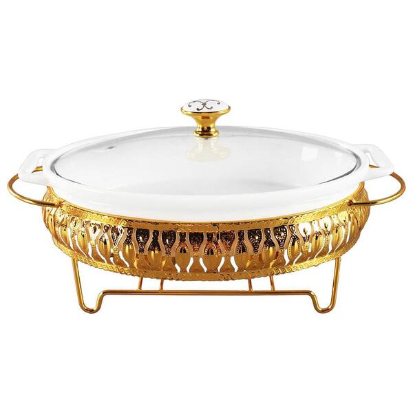 Porcelain Oval 30 oz. Casserole Dish with Glass Lid and Gold Metal Rack Serving Soup Tureen for Buffet Party