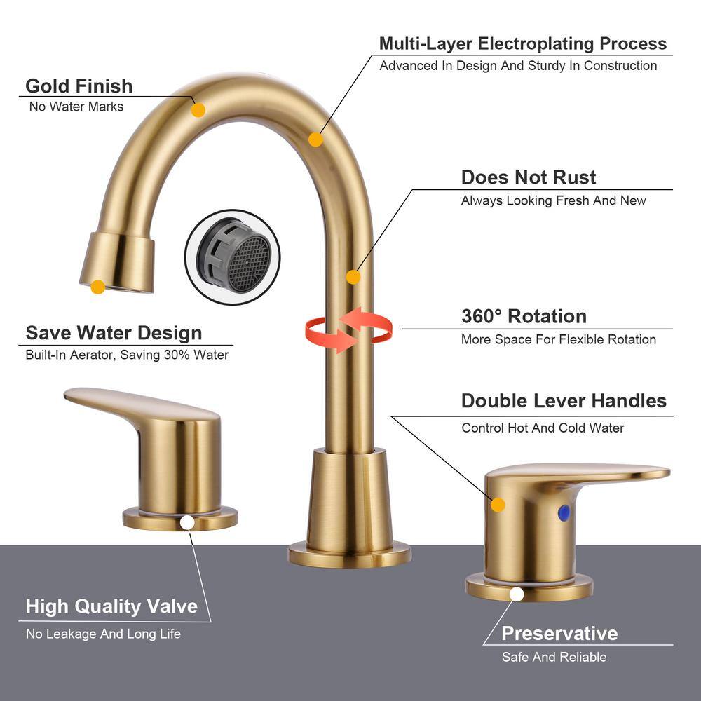 Brushed Gold Double Handle Widespread Bathroom Faucet with Pop-Up Drain