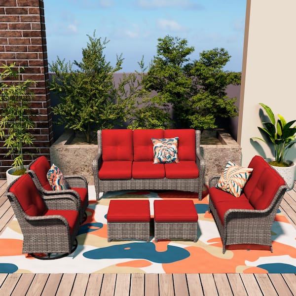 Patio Furniture Set 6-piece Outdoor Patio Conversation Set with Red Cushions Lawn Furniture