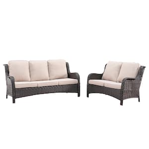 Vincent 2-Piece Wicker Outdoor Patio Conversation Seating Sofa Set with Beige Cushions