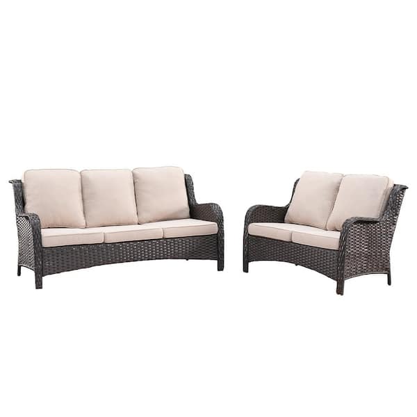 XIZZI Vincent 2-Piece Wicker Outdoor Patio Conversation Seating Sofa Set with Beige Cushions