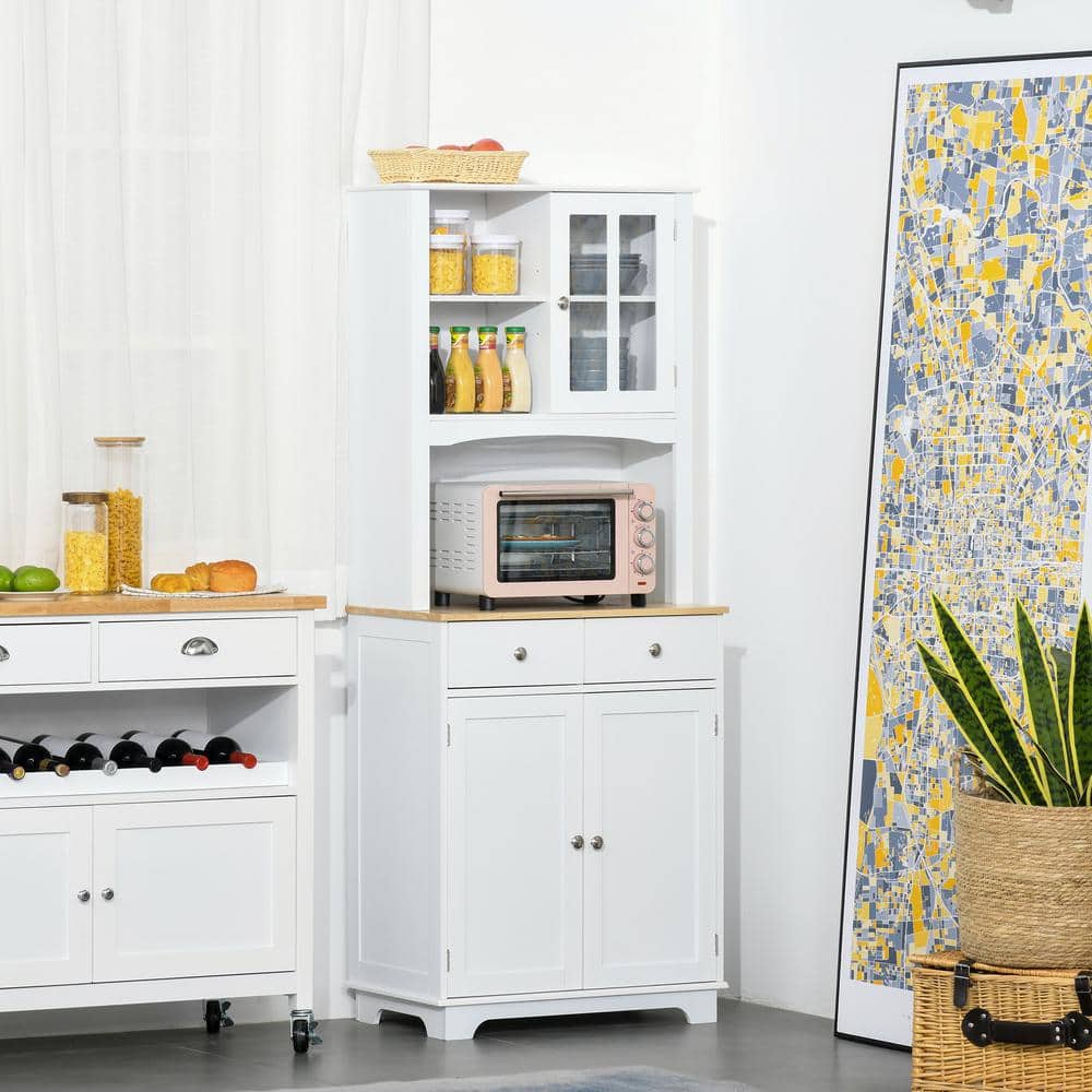 White Recessed Panel Kitchen Buffet with Hutch and Rubberwood Countertop