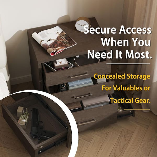 Dark Walnut 5-Drawer 23.6 in. W Nightstand with Dual Hidden Drawers for Secure Tactical Gun Storage