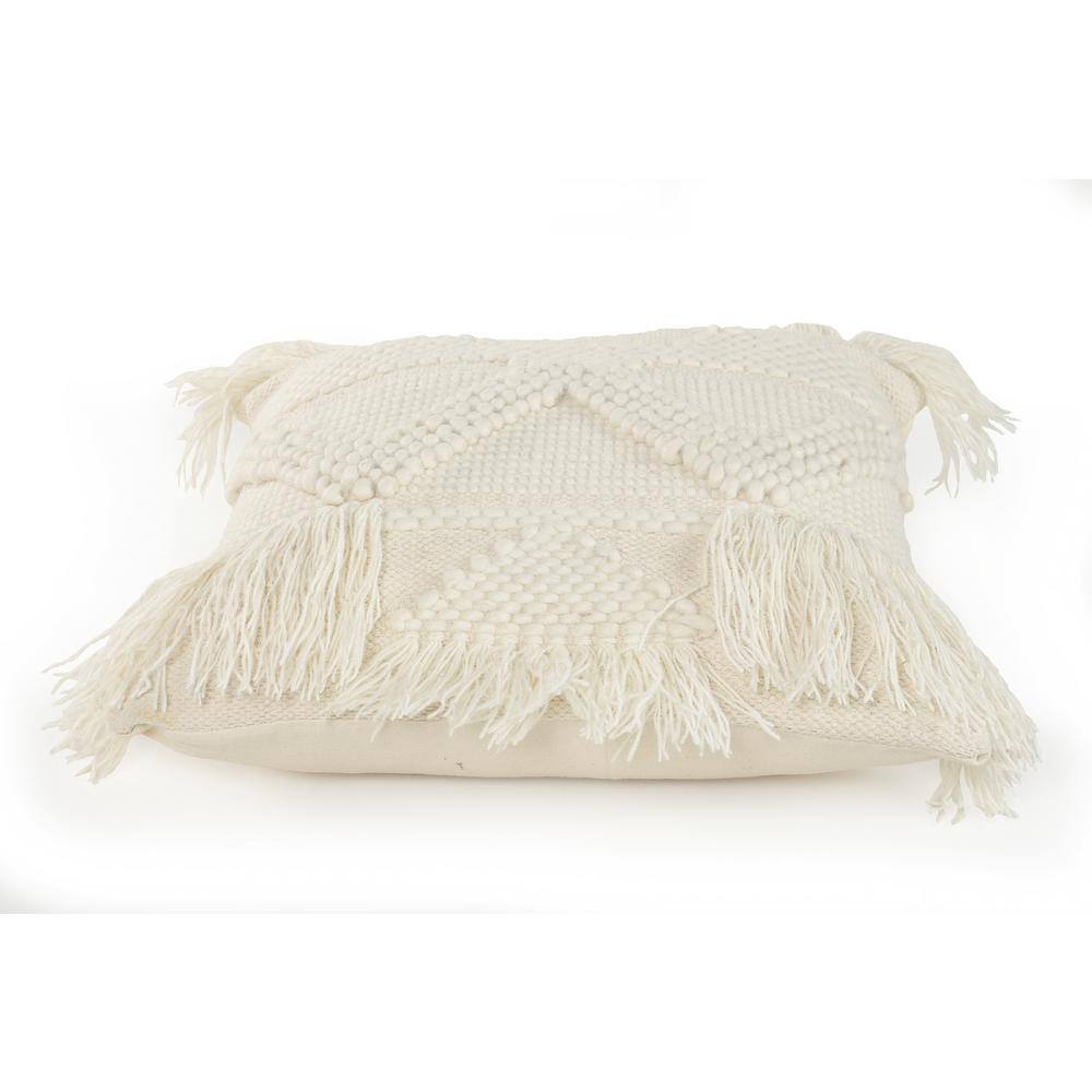 Ivory Embroidered Square Throw Pillow with Fringe