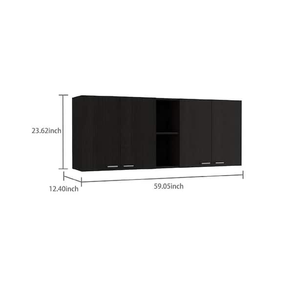 59.05 in. W x 12.4 in. D x 23.62 in. H Black Wood Ready to Assemble Wall Kitchen Cabinet with Shelves and Four Doors