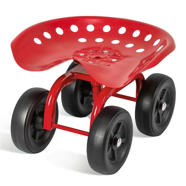 0 cu. ft. Metal Rolling Garden Cart Heavy Duty Workseat with 360° Swivel Seat and Adjustable Height Red